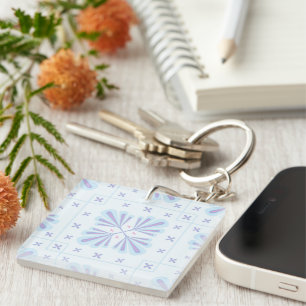 Pastel Blue Geometric Floral Repeat Pattern Key Ring