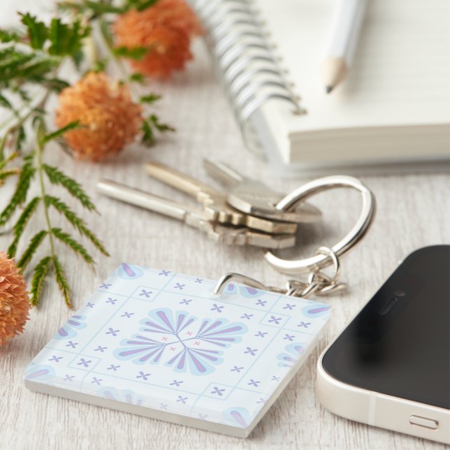 Pastel Blue Geometric Floral Repeat Pattern  Key Ring (Front Right)