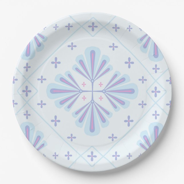 Pastel Blue Geometric Floral Repeat Pattern  Paper Plate (Front)