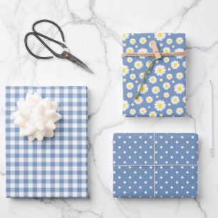 Pastel Blue Gingham Daisy Flower Polka Dot Pattern Wrapping Paper Sheet