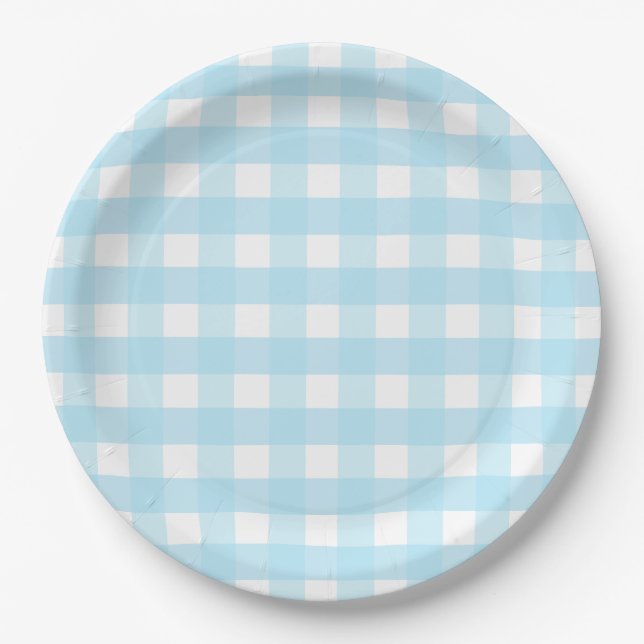Pastel Blue Gingham Pattern Paper Plate (Front)