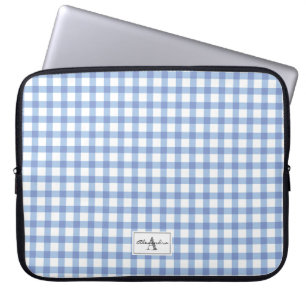 Pastel Blue Gingham Plaid Checked Pattern Monogram Laptop Sleeve