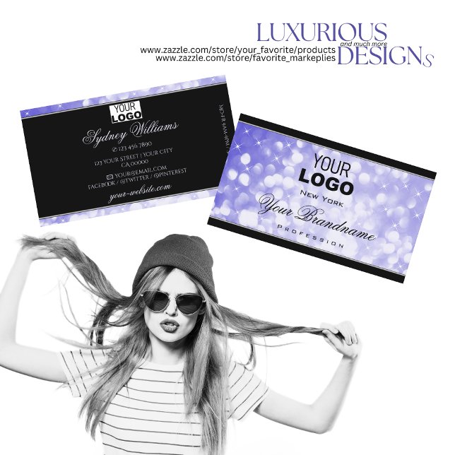 Pastel Blue Glitter Sparkle Stars with Logo Black Business Card (Creator Uploaded)