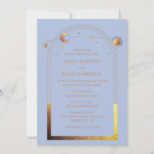 Pastel Blue Gold Celestial Sun Moon Photo Wedding Invitation