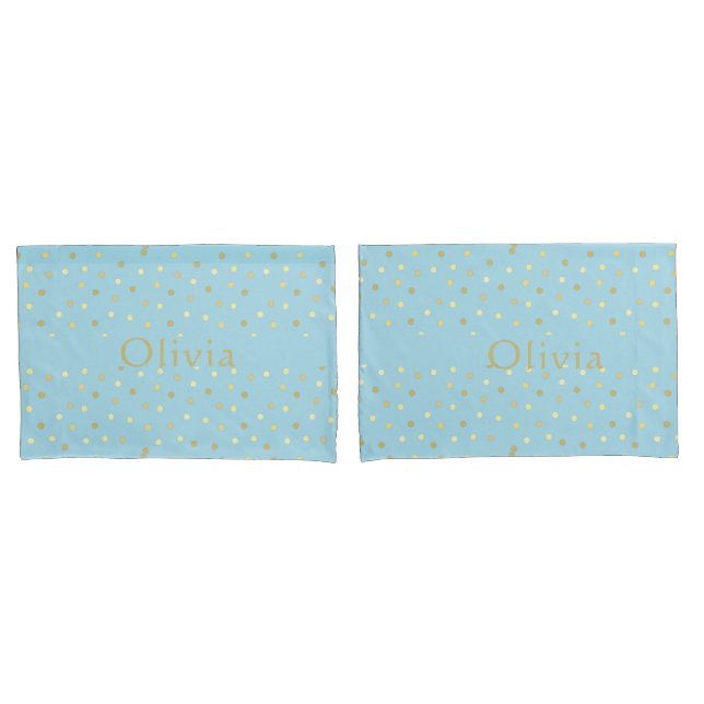 Pastel Blue Gold Confetti Dots Personalised  Pillowcase (Front-Set)