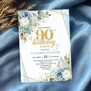 Pastel blue gold greenery luxe script 90 birthday invitation