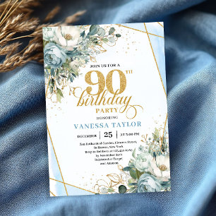 Pastel blue gold shimmer floral 90th birthday  invitation