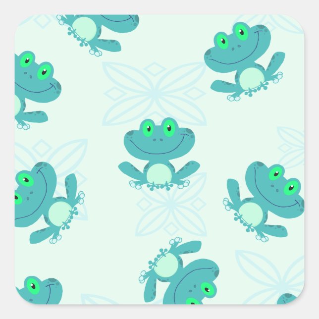 PASTEL BLUE GREEN CARTOON FROGS FROGGIES PATTERN C SQUARE STICKER (Front)