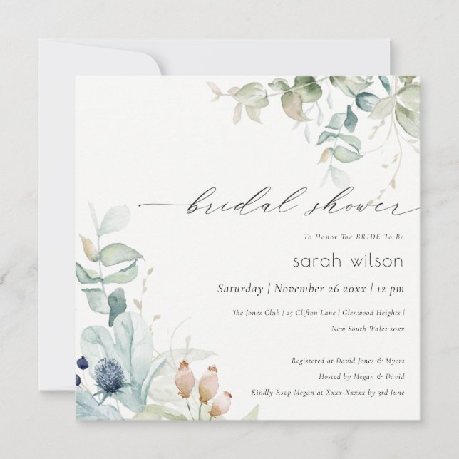 Pastel Blue Green Foliage Bridal Shower Invite (Front)