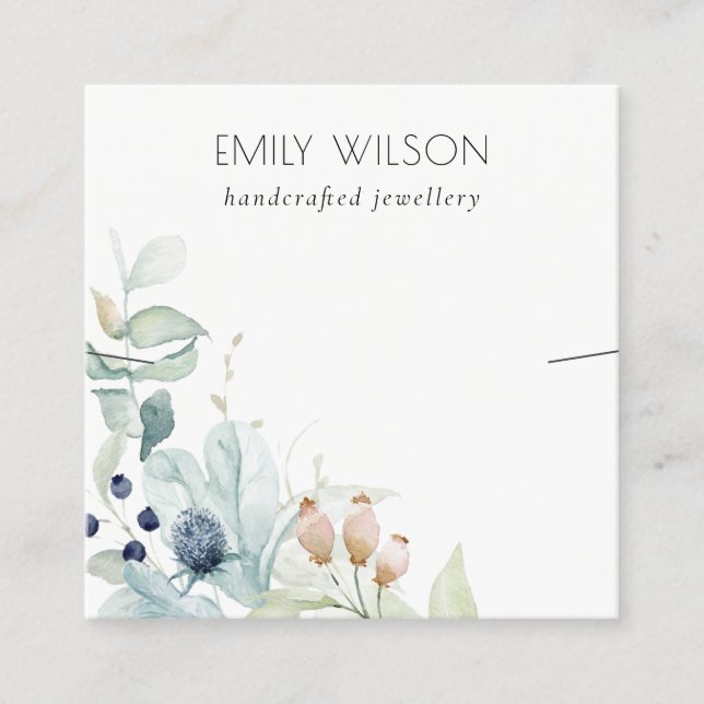 Pastel Blue Green Foliage Bunch Earring Display Square Business Card (Front)