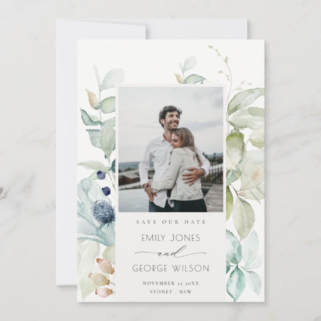 Pastel Blue Green Foliage Save The Date Photo Card (Front)