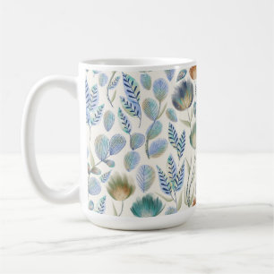 PASTEL BLUE GREEN & TAN WHIMSICAL GARDEN FLOWERS COFFEE MUG