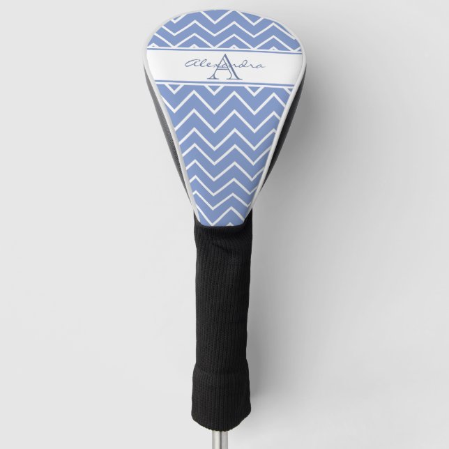 Pastel Blue Grey Chevron Zigzag Pattern Monogram Golf Head Cover (Front)