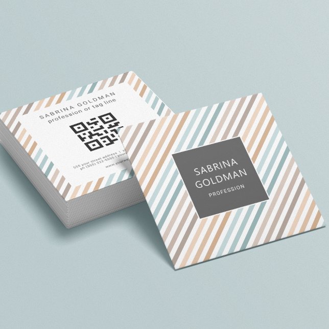 Pastel Blue Grey Gold Stripes QR CODE  Square Business Card (Creator Uploaded)