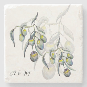 Pastel Blue Grey Olive Branch Watercolor Stone Coaster
