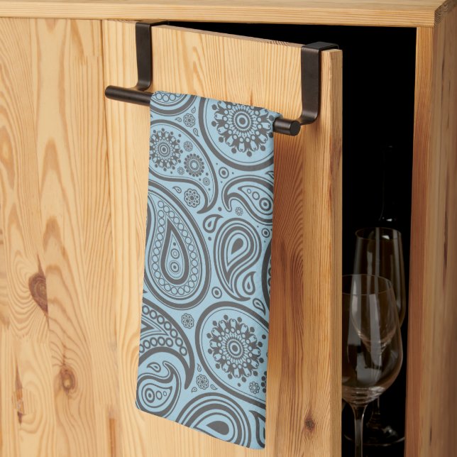 Pastel Blue & Grey Vintage Paisley Damasks Tea Towel (Thirds Fold)