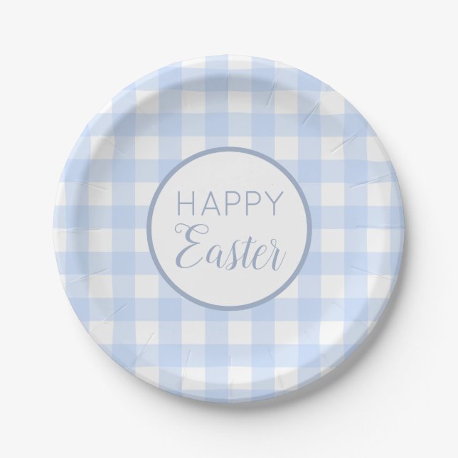 Pastel Blue Happy Easter Plaid Pattern  Paper Plate (Front)