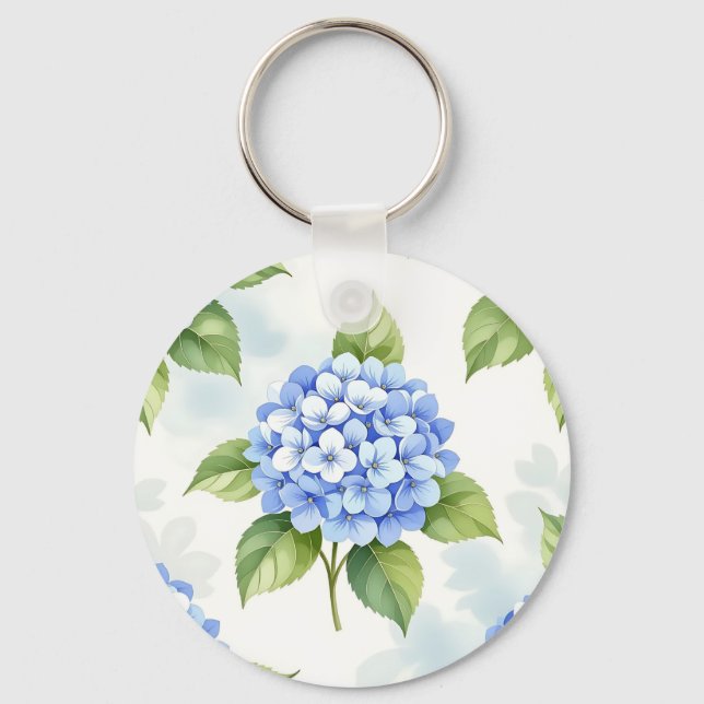 Pastel Blue Hydrangea Bouquet Pattern Key Ring (Front)