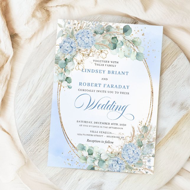 Pastel Blue Hydrangea Wheat Elegant Wedding Invite (Pastel Blue Hydrangea Wheat Elegant Wedding Invitation)