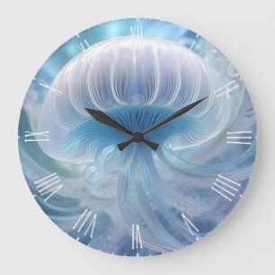 Pastel Blue Jellyfish Fractal Art Under The Sea, Large Clock