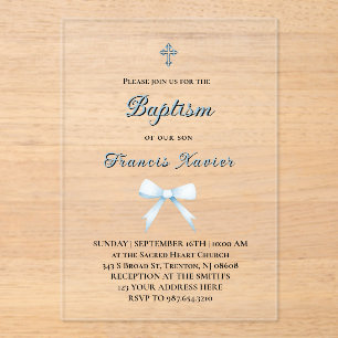 pastel blue little bow Baptism Acrylic Invitations