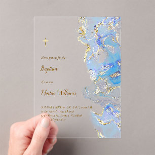 pastel blue marble Baptism Acrylic Invitations