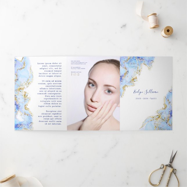 Pastel blue marbling design trifold brochure (Outside)