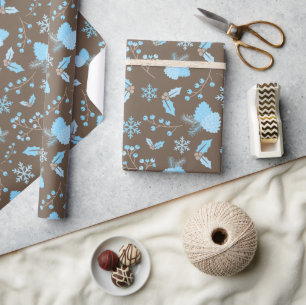 Pastel Blue Mistletoe Snowflakes Pinecones Winter Wrapping Paper