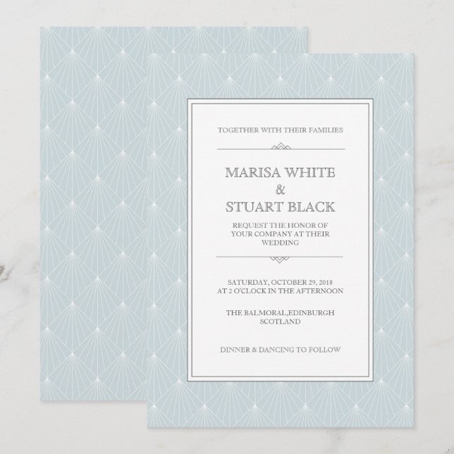Pastel Blue Modern Art Deco Wedding Invitation (Front/Back)