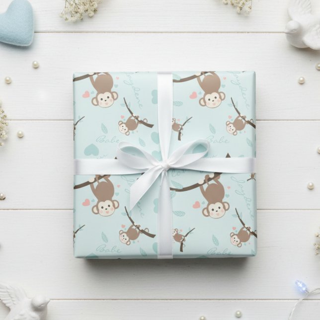 Pastel Blue Monkey Valentine Wrapping Paper  (Soft pastel blue cute monkeys for valentine, birthday or any gift.)