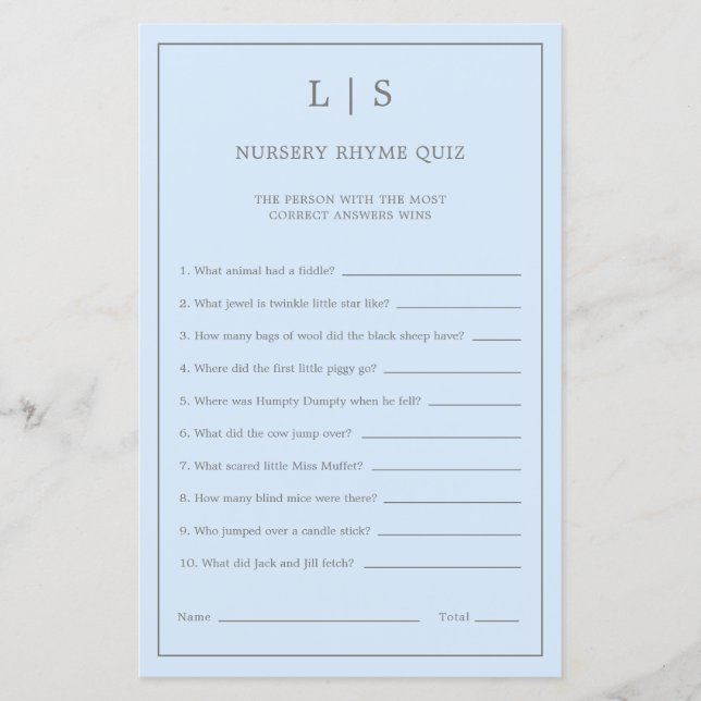 Pastel Blue Nursery Rhyme Quiz Baby Shower Game (Front)