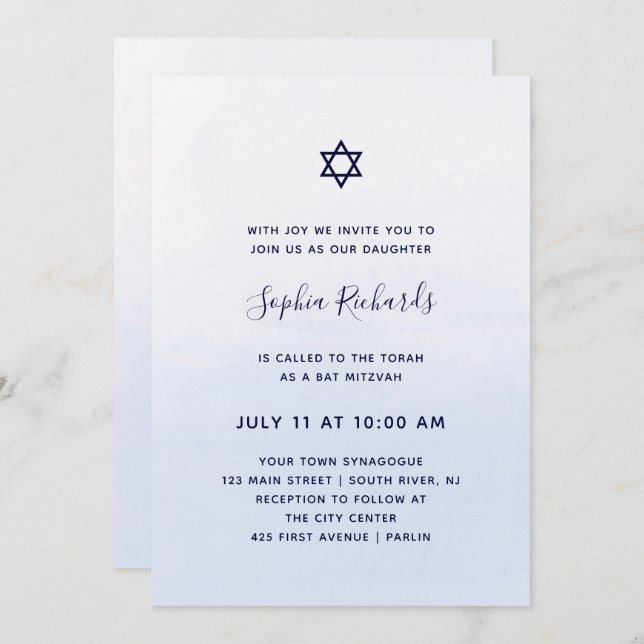 Pastel Blue Ombre Watercolor | Bat Mitzvah Invitation (Front/Back)
