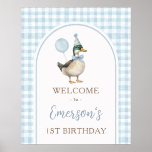 Pastel Blue One Lucky Duck 1st Birthday Welcome Poster