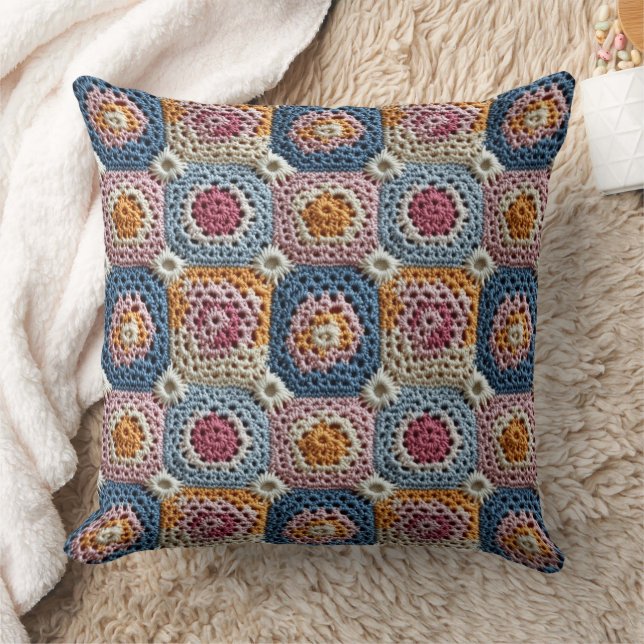 Pastel Blue Orange and Pink Crochet Look Cushion (Blanket)