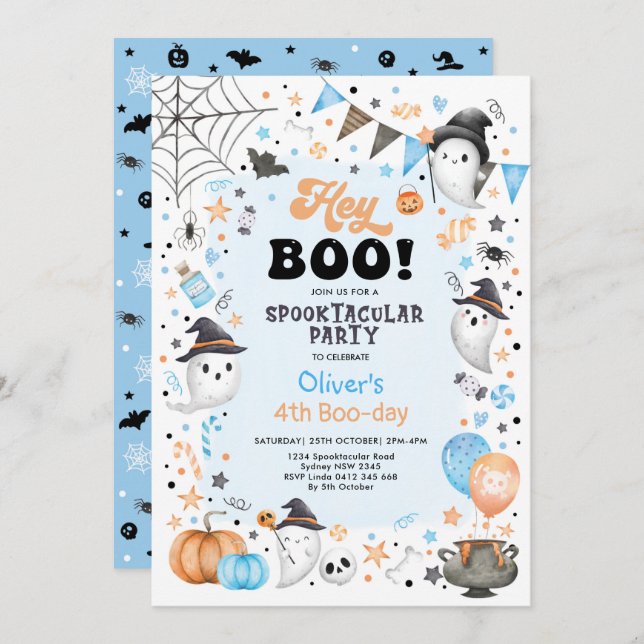 Pastel Blue Orange Halloween Ghost Boy Birthday In Invitation (Front/Back)