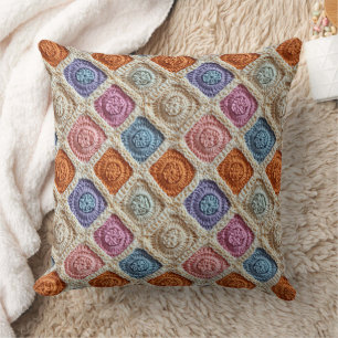 Pastel Blue Orange Purple and Pink Crochet Look Cushion