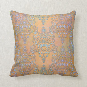 Pastel Blue over Gold Aurora Lace Damask Cushion