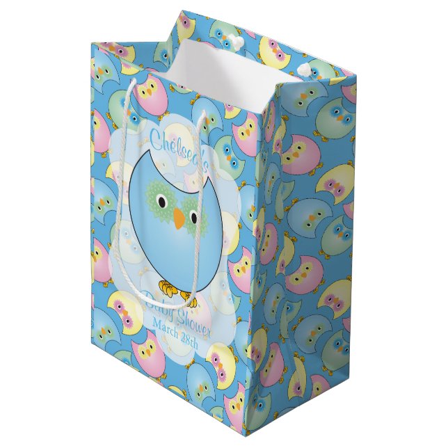 Pastel Blue Owl Baby Shower Theme Medium Gift Bag (Front Angled)