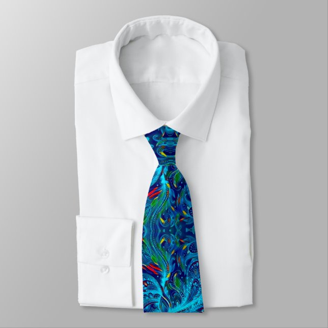 Pastel Blue Paisley Satin Print Neck Tie (Tied)