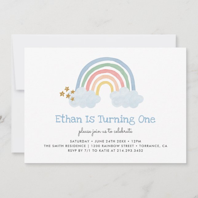 Pastel Blue Pastel Rainbow 1st Birthday Invitation (Front)