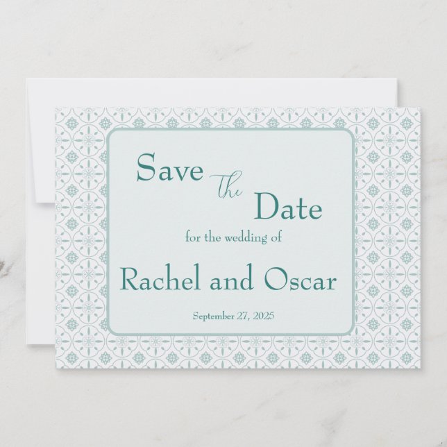 Pastel blue pattern wedding save the date (Front)