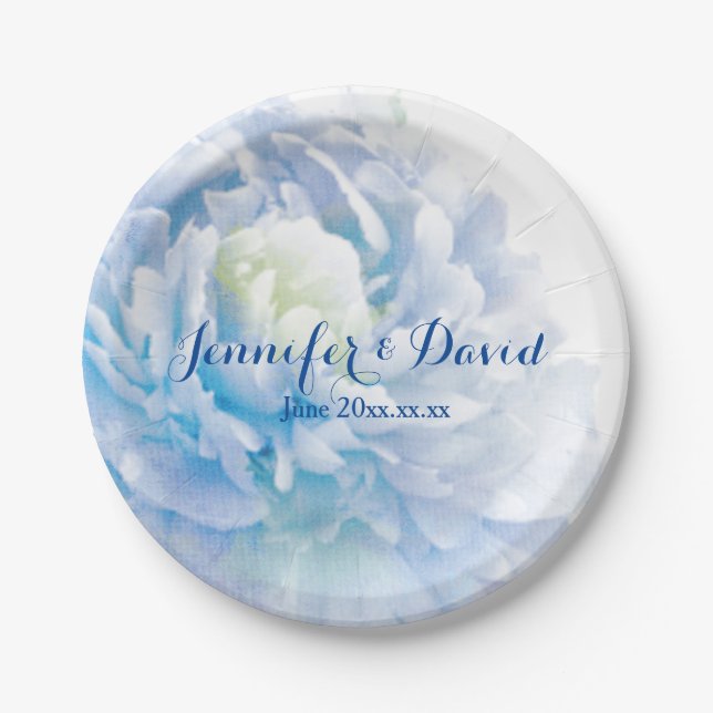 Pastel Blue Peony Wedding Custom Paper Plates (Front)
