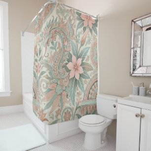 Pastel Blue Pink Boho Floral Indonesian Batik Shower Curtain