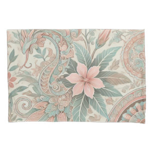 Pastel Blue Pink Boho Indonesian Batik Floral Pillowcase