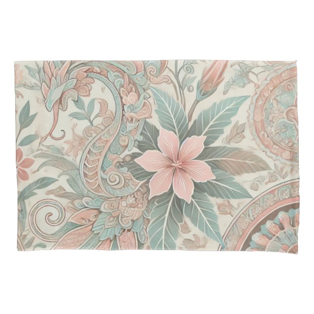 Pastel Blue Pink Boho Indonesian Batik Floral Pillowcase (Front)