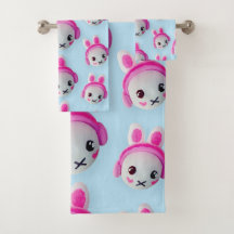 Pastel Blue & Pink Cartoon Bunny Towel