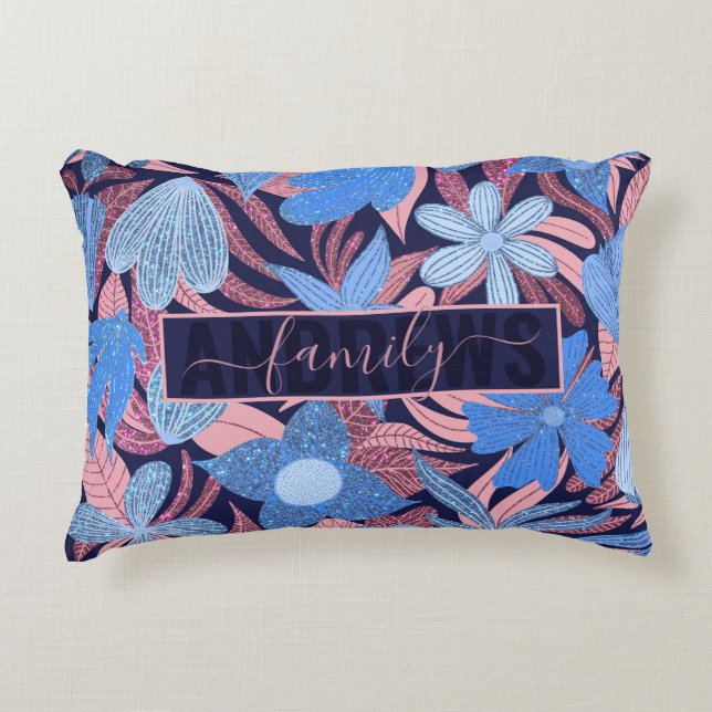 Pastel Blue Pink Floral Glitter Pattern Family Decorative Cushion (Front)