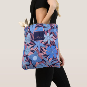 Pastel Blue Pink Floral Leaves Glitter Monogram Tote Bag