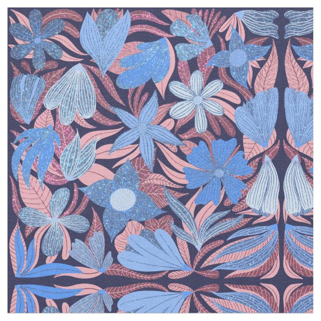 Pastel Blue Pink Floral Leaves Glitter Pattern Fabric (Close Up)