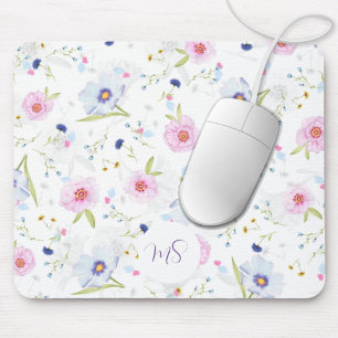 Pastel Blue & Pink Flowers Personalised Mouse Pad